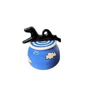 Alison Palmer Whimsical Black Dog Ceramic Lidded Cookie Jar Blue Cloud READ